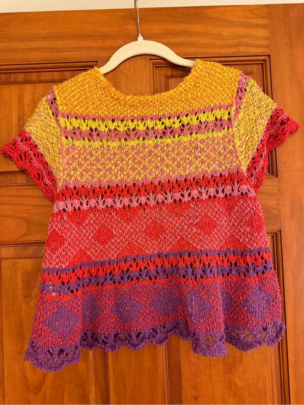Free People Hand-Knit Multicolor Short Sleeve Sweater Top - Yellow, Red, Purple - Picture 3 of 4